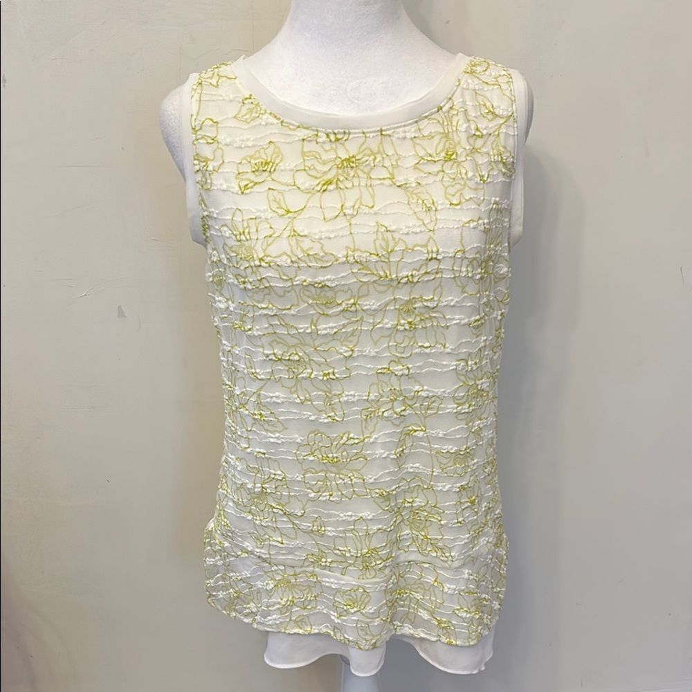 Ann Taylor Floral sleeveless white green yellow blouse Size M EUC